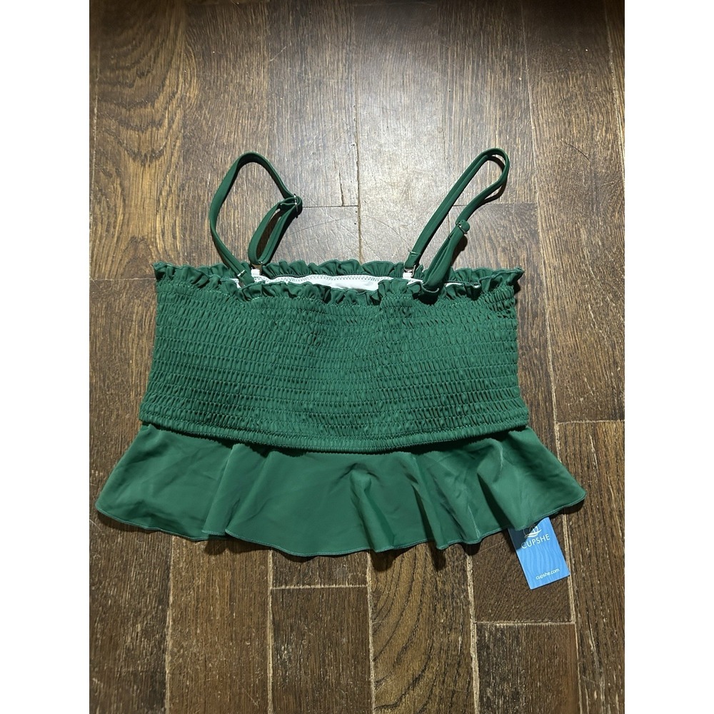 Cupshe Women M Green Smocked Bandeau Bikini Top Ruffle Hem Adjustable Straps NWT